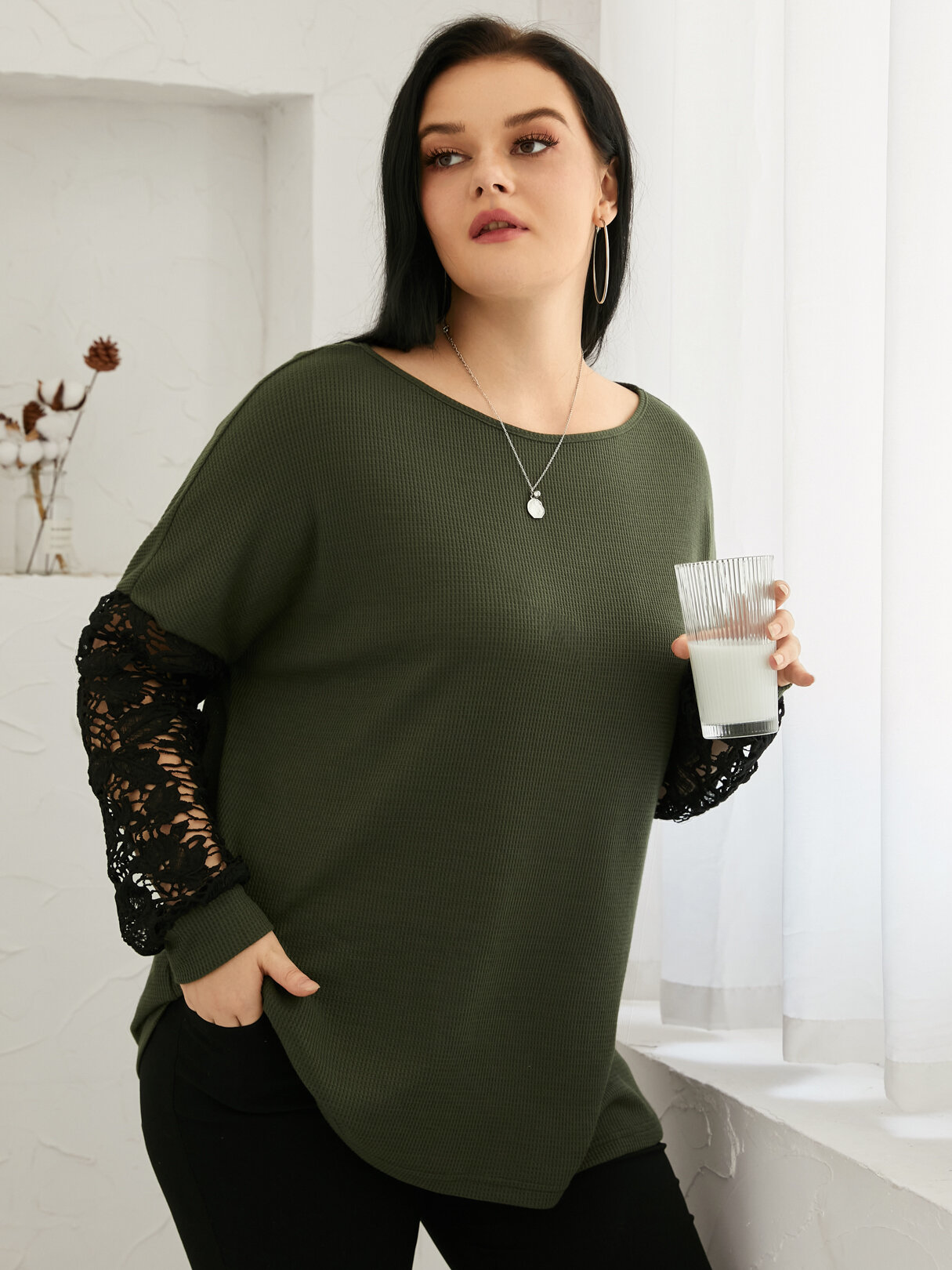 

Plus Size Round Neck Waffle Knit Patchwork Design Long Sleeves Knitwear