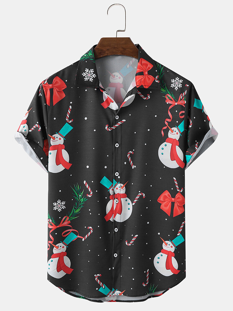 Heren Kerstsneeuwman Contrastknoop Revers Shirts met Korte Mouwen