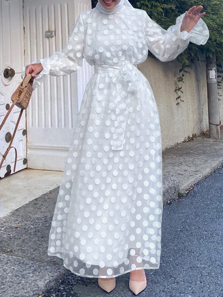 Dames polkadot print pofmouwen Lace-up mesh casual dubbellaagse jurk