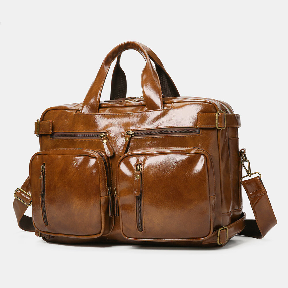 Ekphero Men Vintage Business Multi-Pockets Backpack Large Capacity Waterproof Multi-Carry Briefcase 