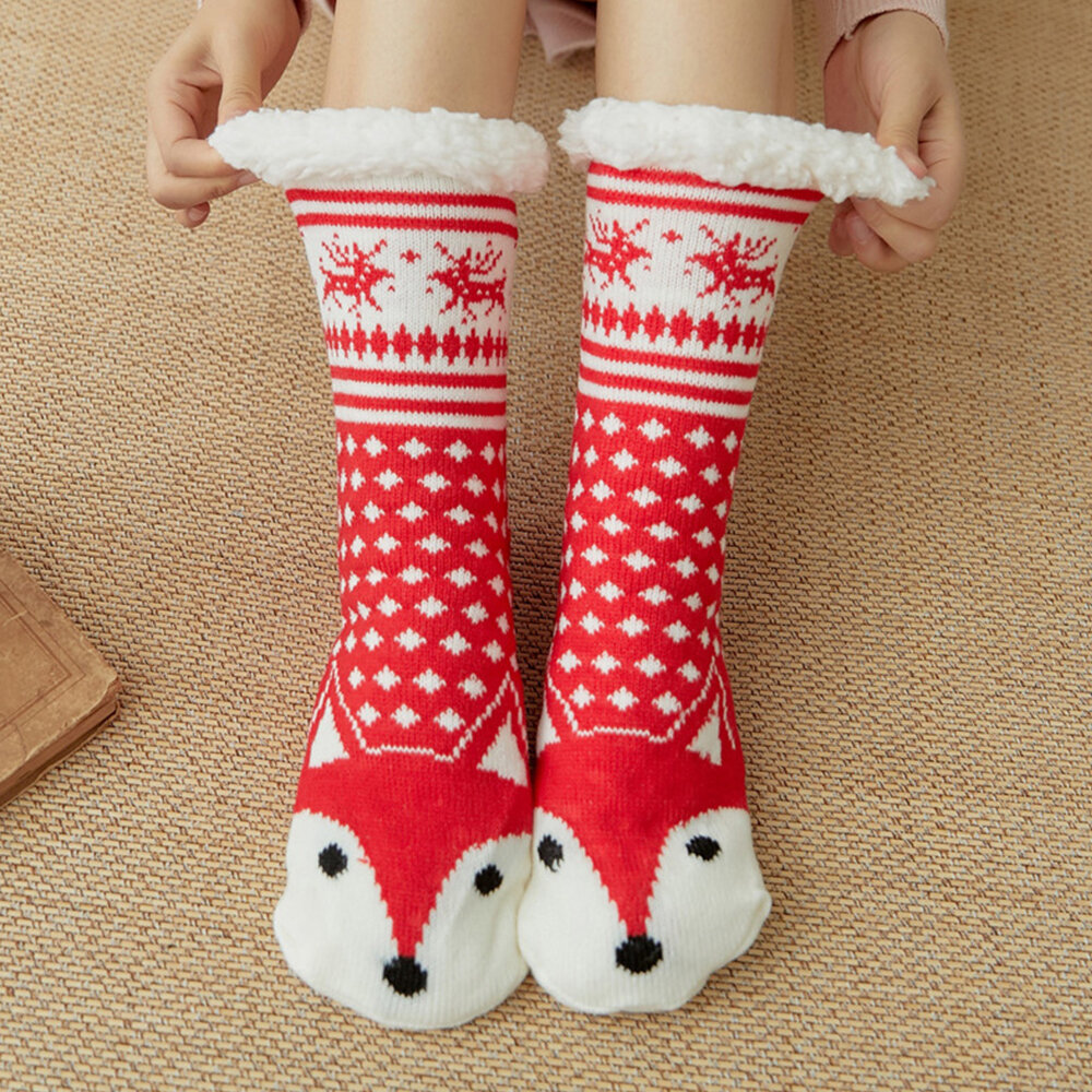 Women Warm Winter Outdoor Christmas Style Cartoon Animals Pattern Plus Velvet Thicken Home Sleep Socks Tube Socks