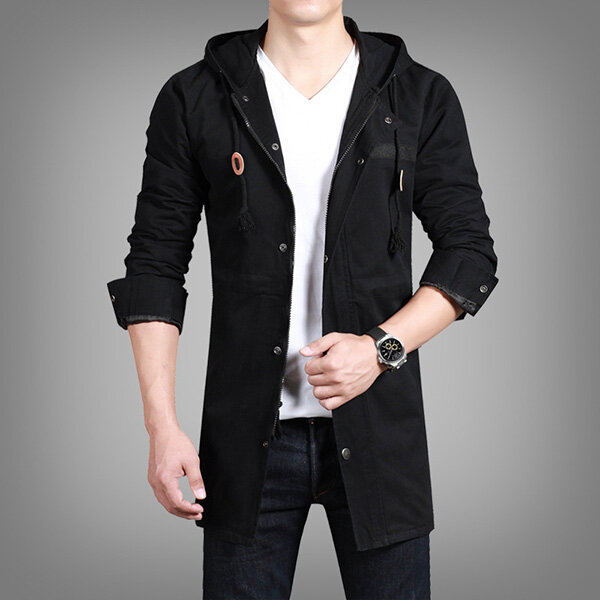 Mens winter casual thick hooded trench coat solid color slim fit ...