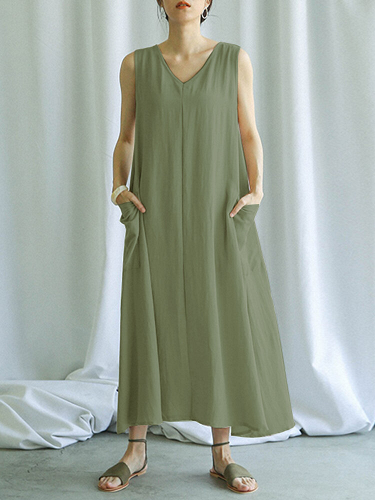 Women Casual Solid Color V-neck Sleeveless Side Pockets Loose Maxi Dress