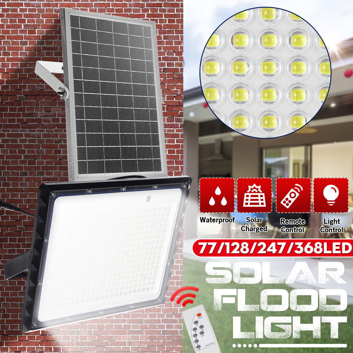77/128/247 / 368LED Solar Flood Light SMD2835 Outdoor Garden Street Wall Lamp + Remote Control