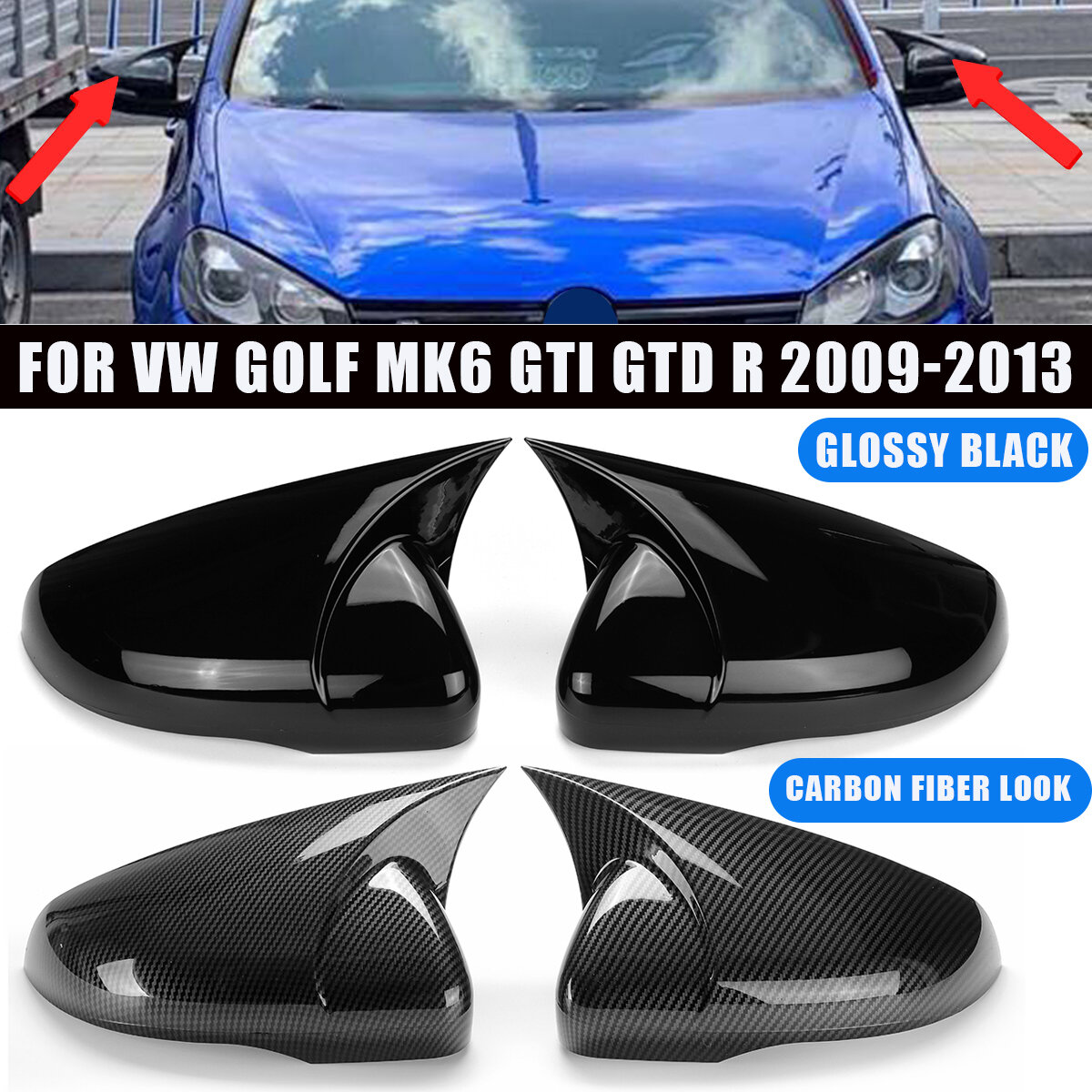 Pair Rear View Mirror Cap Cover Direct Add-On Left & Right For VW Golf MK6 GTI GTD R 2009-2013