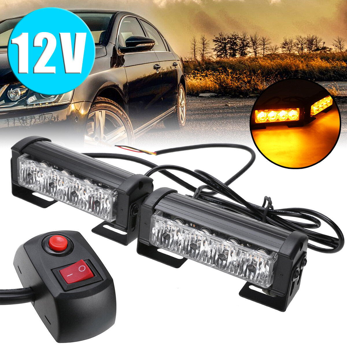 

12V 4LED*2 Flashing Lights Car Front Grille Warning Lights Strobe Lights One To Two Long Bar Lights Warning Lamp