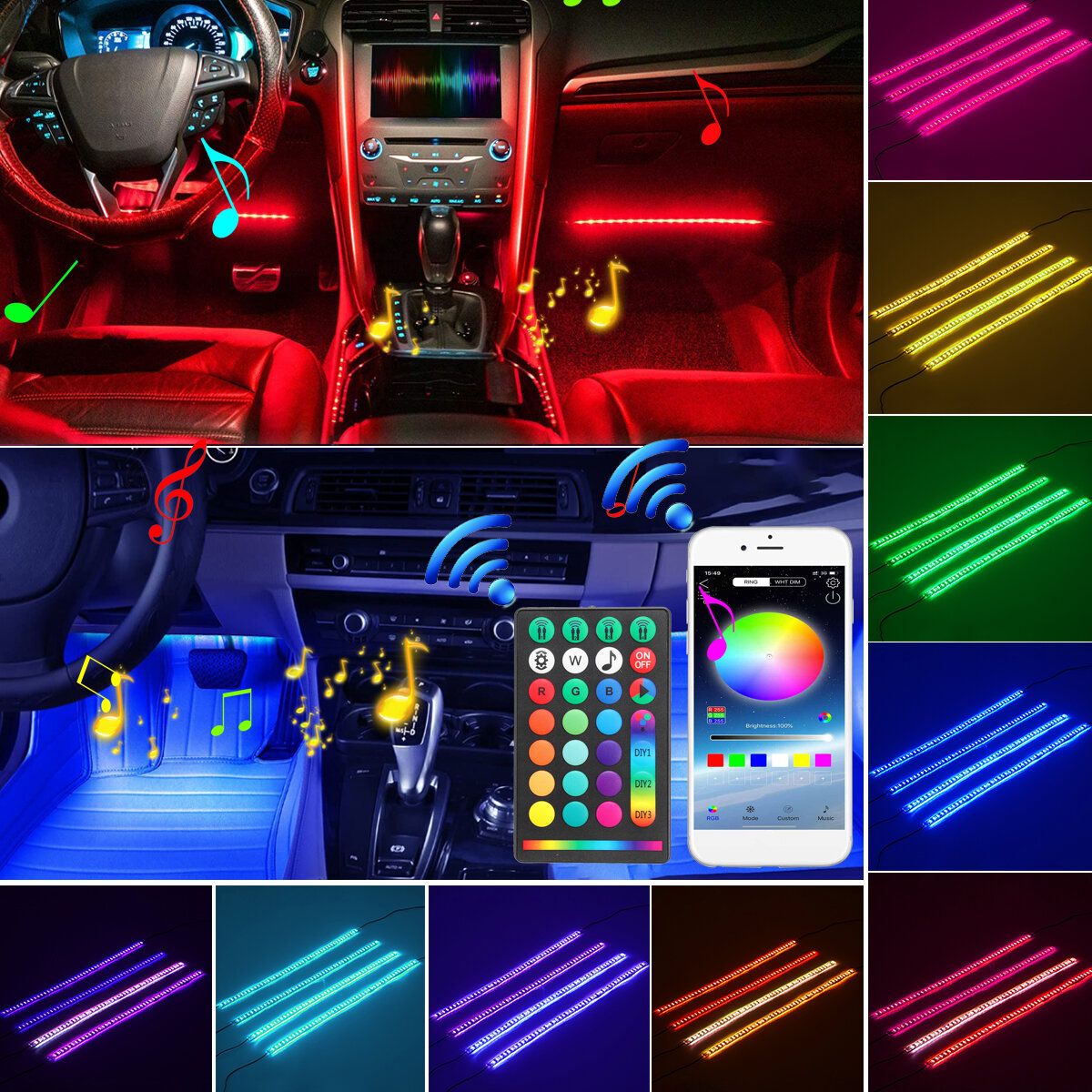 

4Pcs 5050 LED Car Strip Underglow 40W RGB LED Neon Car Under Glow Atmosphere Strip Light APP bluetooth Control