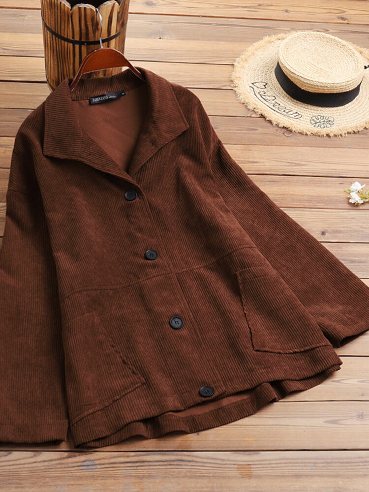 Women Corduroy Solid Color Vintage Side Pockets Buttons Lapel Long Sleeve Casual Shirts
