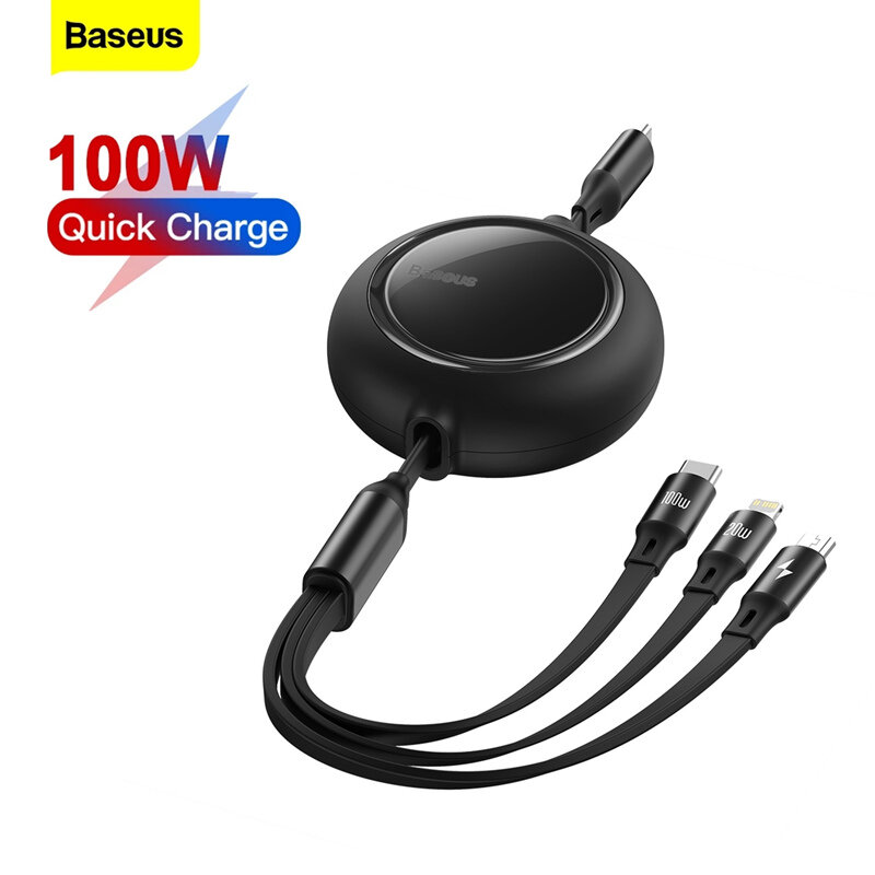 Baseus 100W 3 In 1 Retractable Cable Type-C to Type-C / Micro USB / for Lightning Fast Charging 480Mbps Data Cable for S