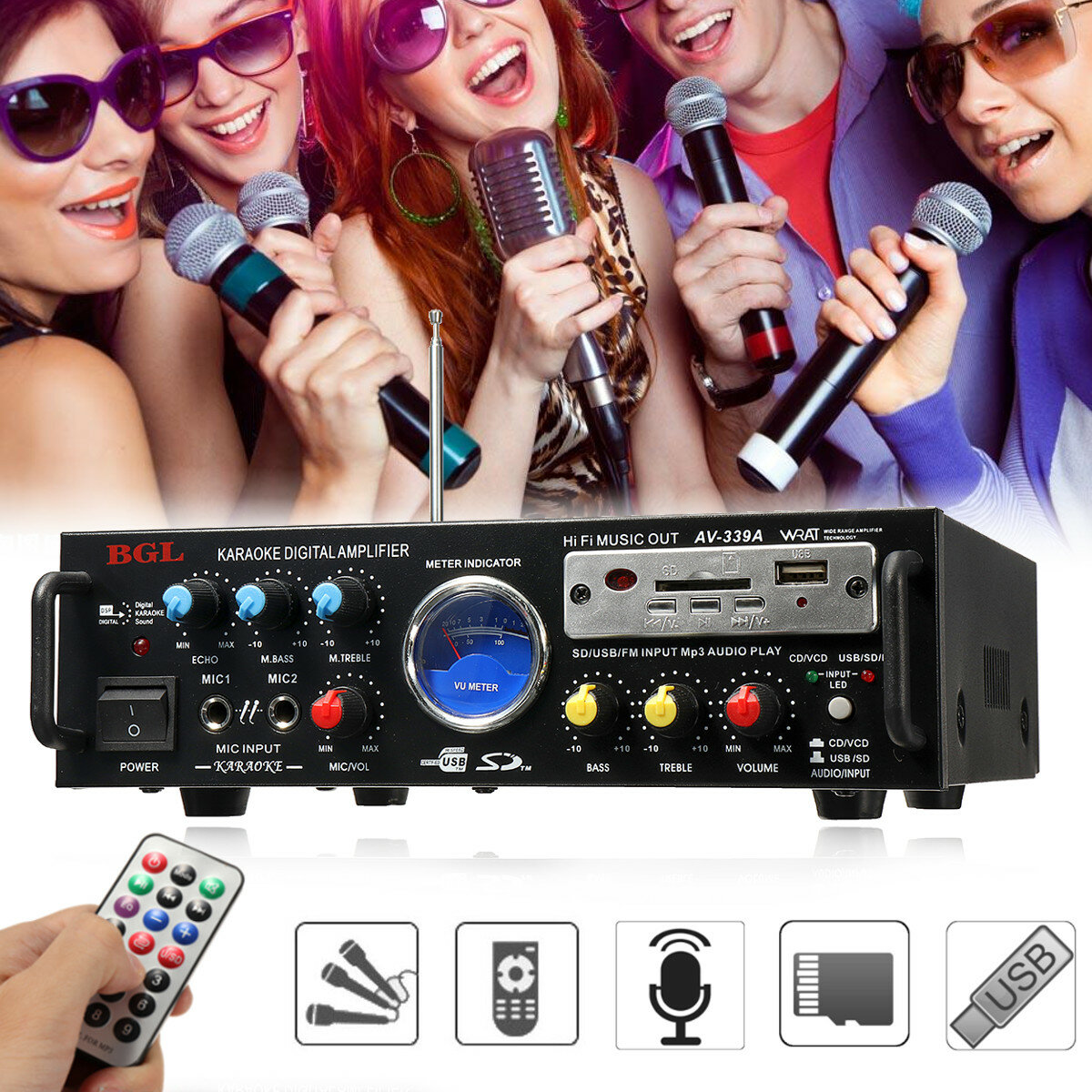

HIFI Input 12V/220V bluetooth 5.1 Channel Stereo Power Amplifier Audio Amp Sunbuck Support USB SD Card FM Karaoke Microp