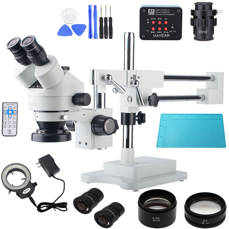 

HAYEAR Double Boom Stand Zoom Simul Focal Trinocular Stereo Microscope+16MP 4K HDMI USB Industrial Camera For Phone PCB