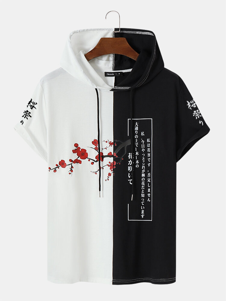 Japanse bloemenprint patchwork T-shirts met korte mouwen voor heren