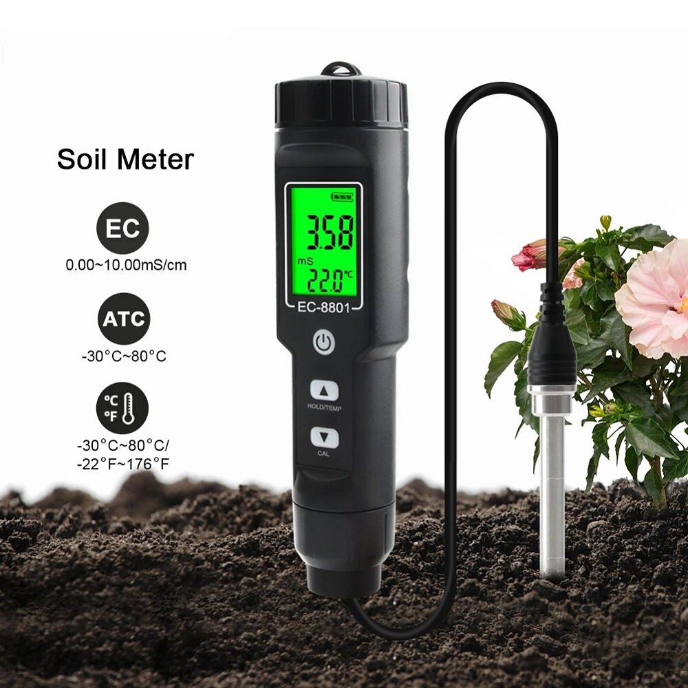 Portable LCD Display Digital EC/Temperature Soil Tester Meter with Backlight Display Waterproof Electrode Test Planting