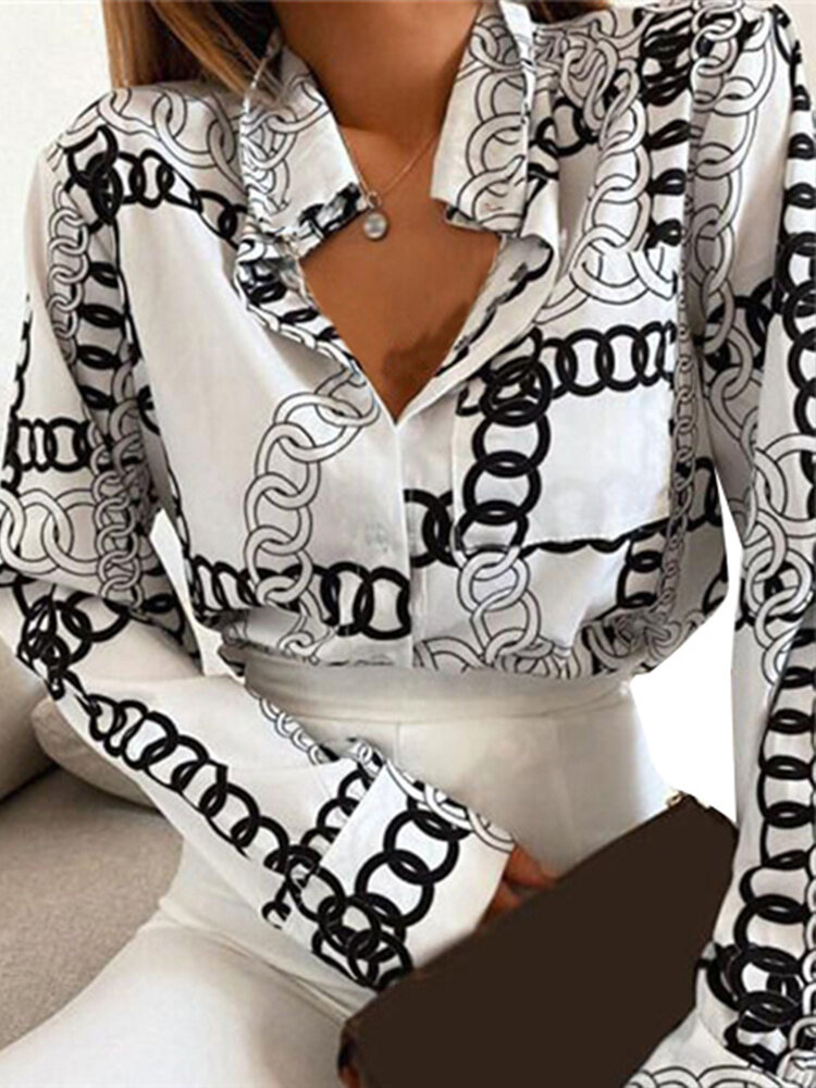 Overhemd met lange mouwen en knoopsluiting met kettingprint en revers