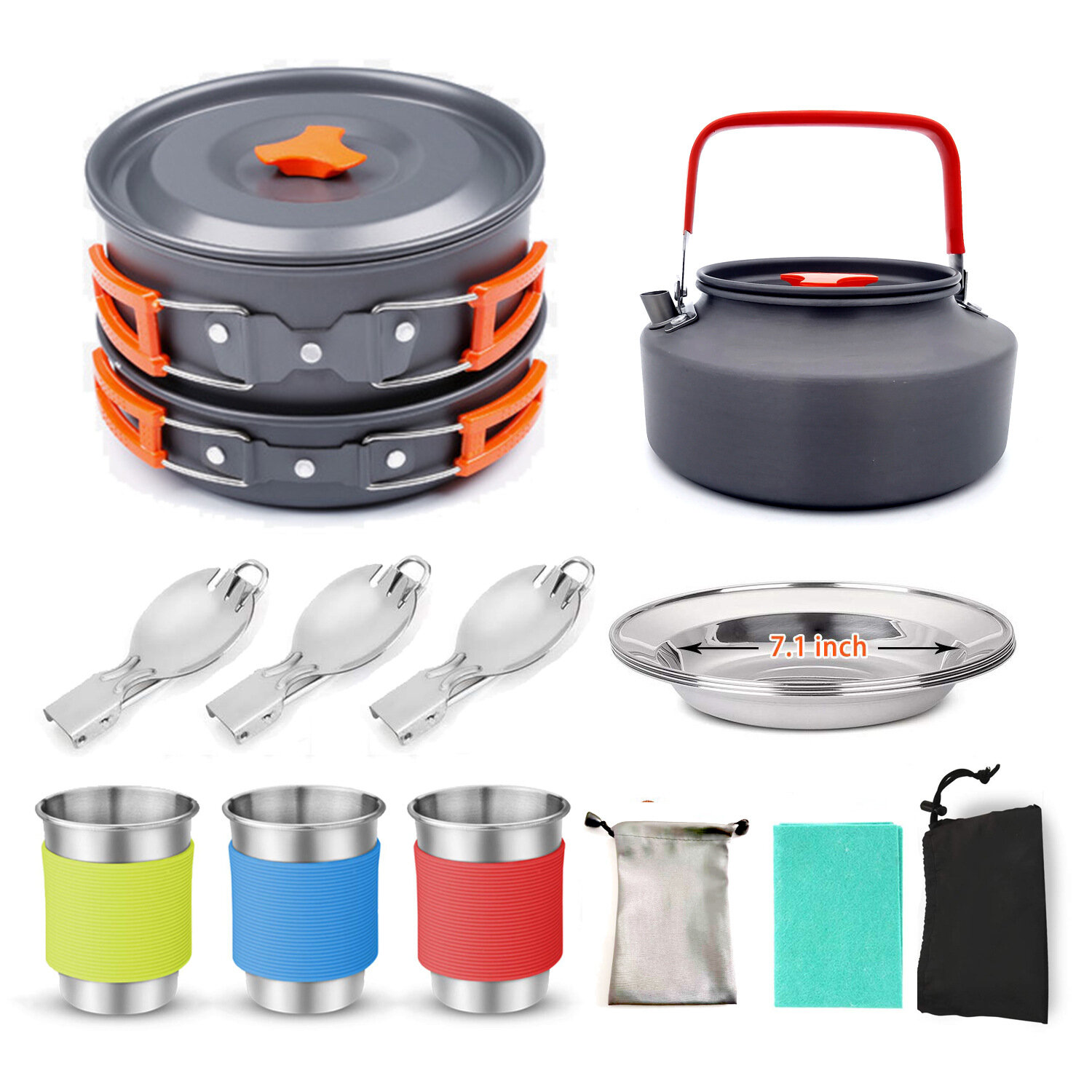 Barbhorse Outdoor Picnic Tableware Camping Pot Trekking Stove Pieces Set Pot + Plates + Kettle + Cups + Forks Cooking Fr