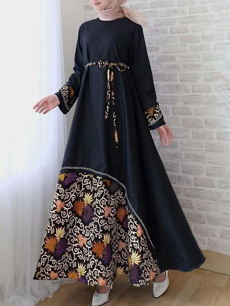 Women Floral Print Patchwork Lace-Up Big Swing Long Sleeve Casual Maxi Dress