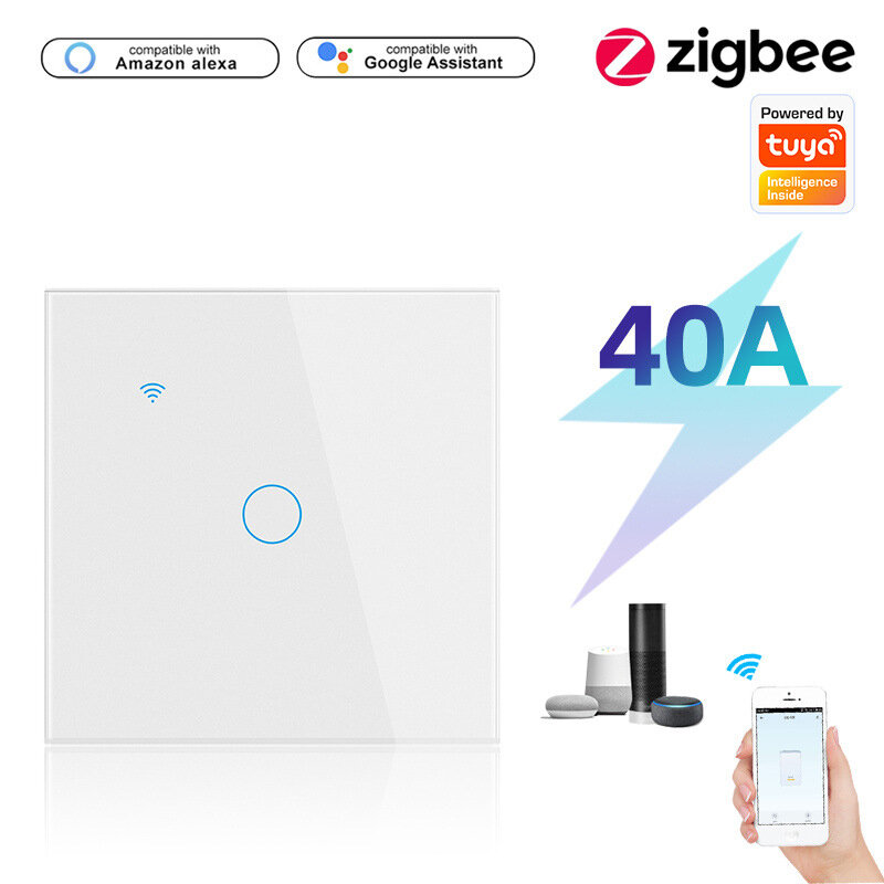 Tuya Zigbe 40A Smart Water Heater Switch EU Plug APP Remote Control Voice Timer Damp-proof Glass Panel Induction Touch B
