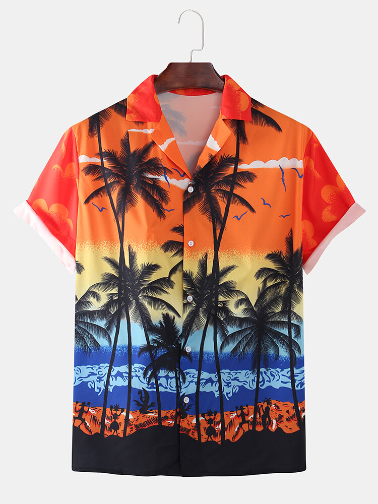 

Jay Chou Mojito Same Style Beach Coconut Tree Landscape Print Short Sleeve Hawaii Casual Shirts