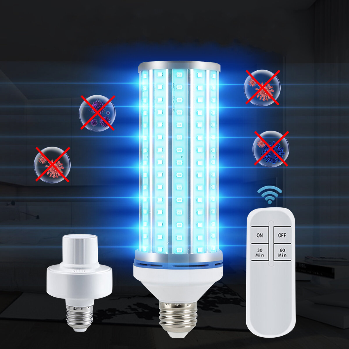 E27 60W 195LED UVC Bulb Household UV Germicidal Lamp Disinfection Indoor Light With Lampholder Remot