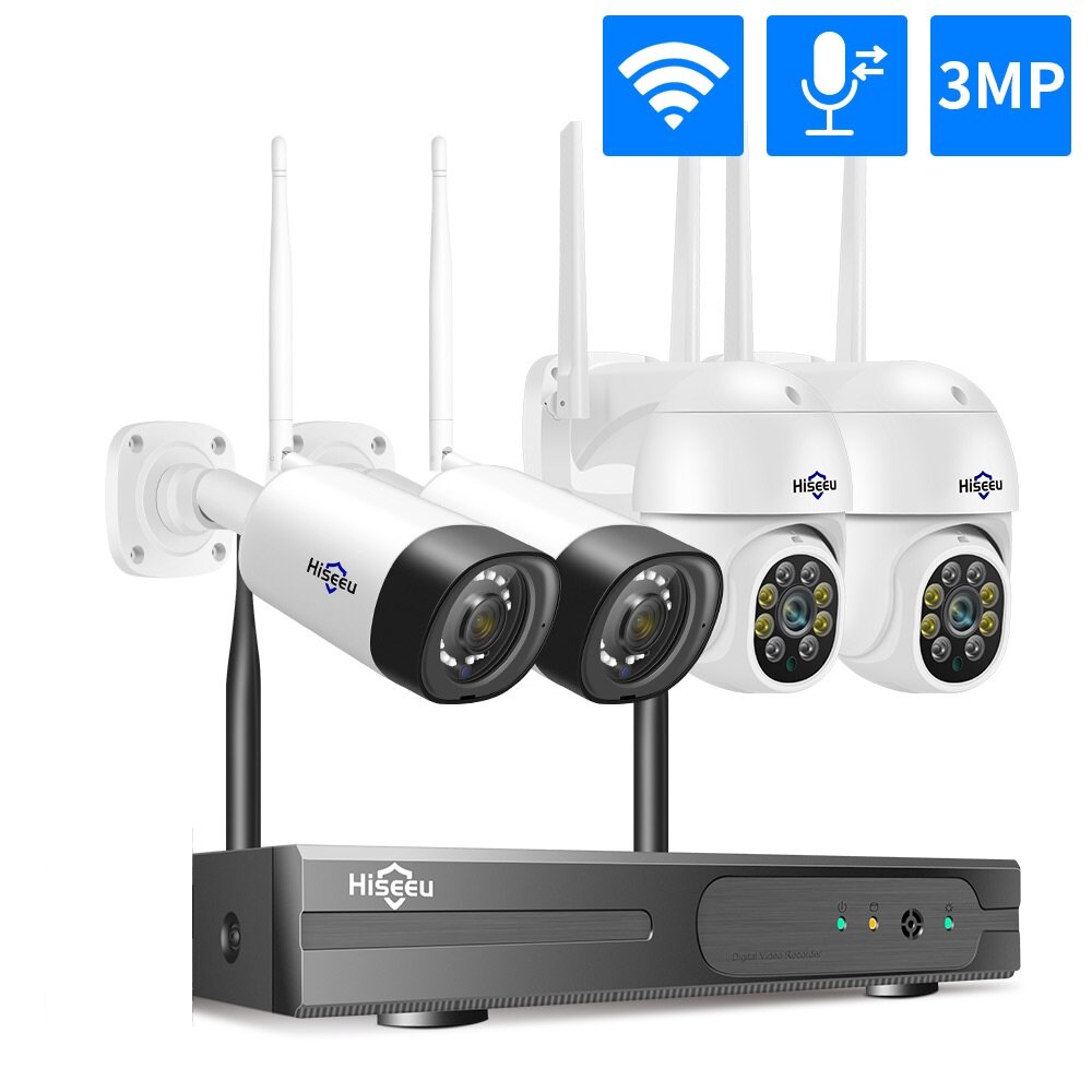 Hiseeu Wireless 8CH 4PCS 3MP Two-Way Audio Security PTZ 5X Digital Zoom Outdoor & Bullet WIFI IP Cameras Waterproof CCTV