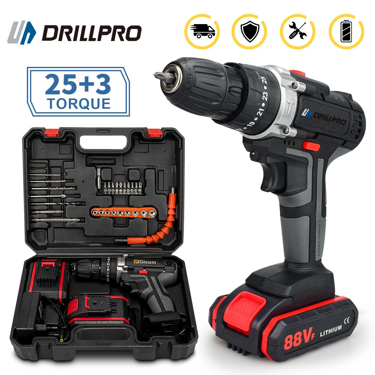 

Drillpro Cordless Impact Drill 21V Li-Ion Battery Powered High Torque Drill with 25+3 Clutch Settings Keyless Chuck LED