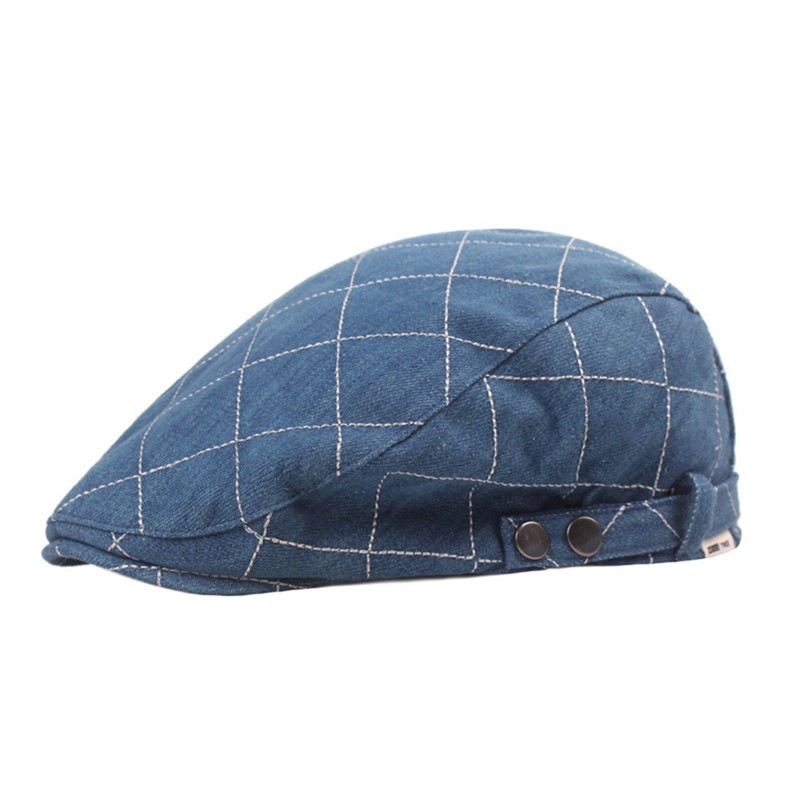 Men Denim Plaid Pattern Sunshade Short Brim Casual Vintage Forward Hats Beret Flat Caps