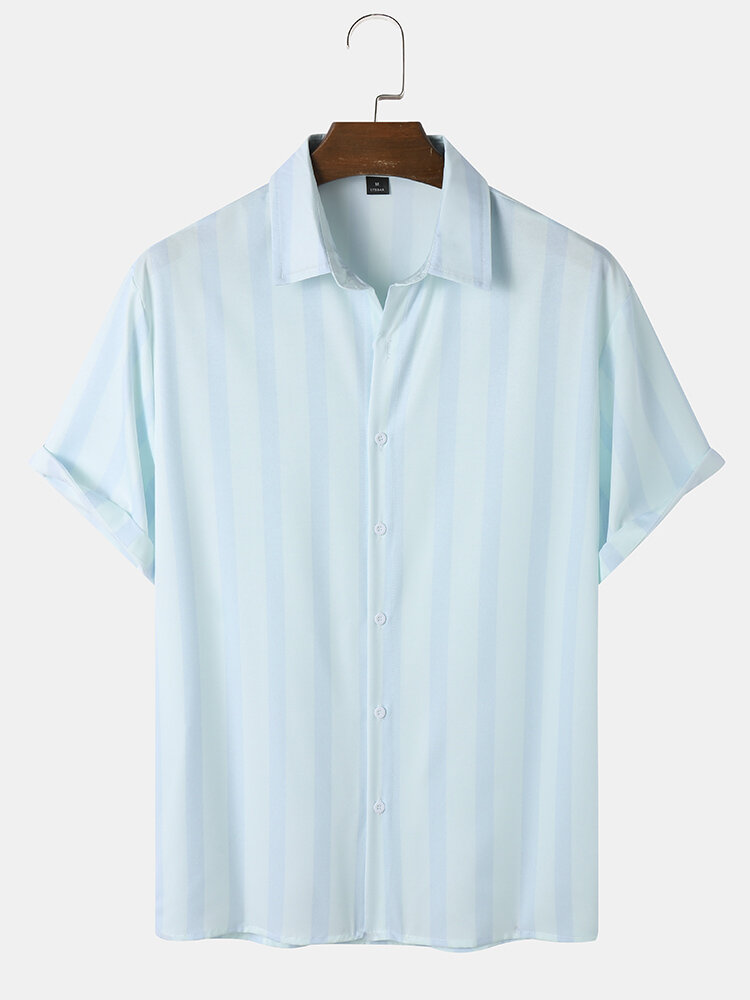 Men Striped Hit Color Buttons Up Elegant Holiday All Matched Short Sleeve Shirts