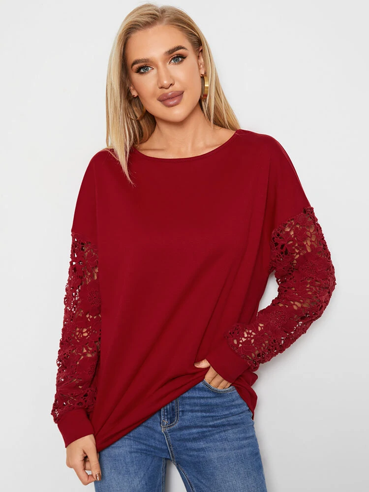 Solid long sleeve o-neck lace patchwork t-shirt for women