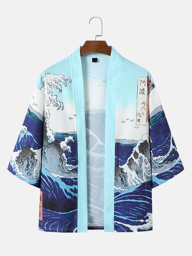 Mens Waves & Mountain Printed Front Open Kimonos