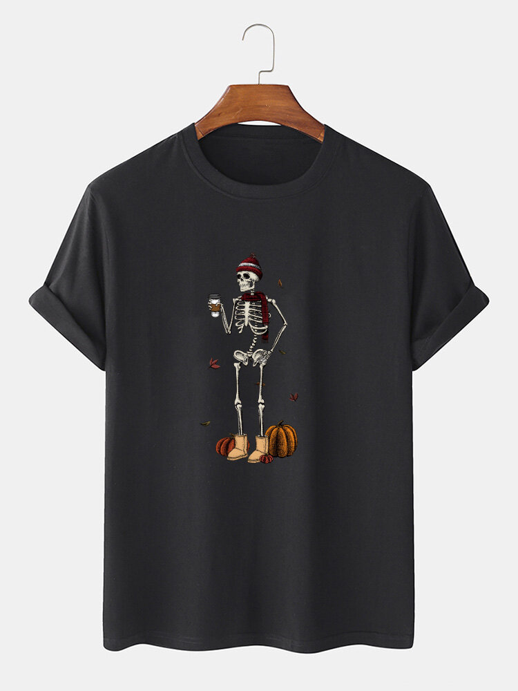 100 Cotton Mens Funny Pumpkin Skeleton Print Halloween Short Sleeve T Shirts