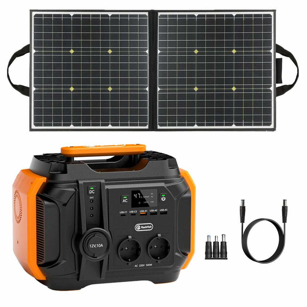 [EU/US Derict] BlitzfisCH 500 W tragbares Kraftwerk 540 Wh Leistung Batterie mit 100 W faltbarem Solarpanel für Camping-Solargenerator im Freien
