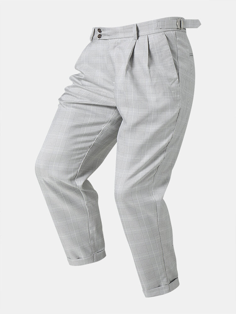 Men Gingham Print Ajustable Designed Pleats Pants