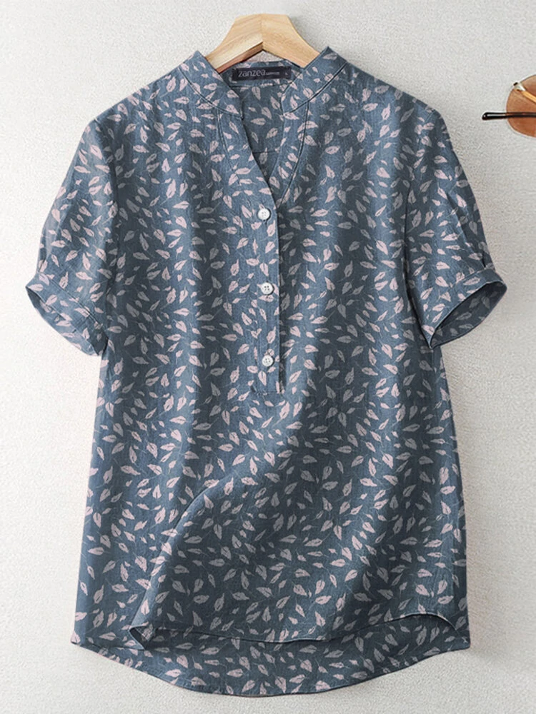 Random allover floral print button short sleeve casual blouse