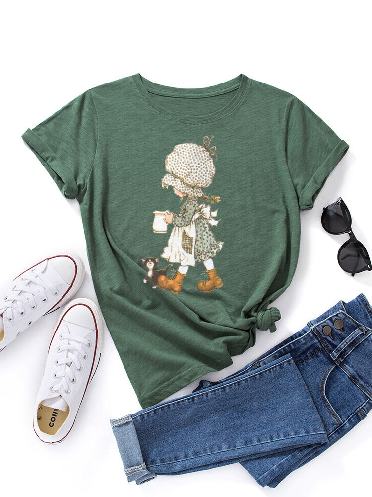 Dames Cartoon Little Girl Graphic Print Multicolor Casual T-shirt met korte mouwen