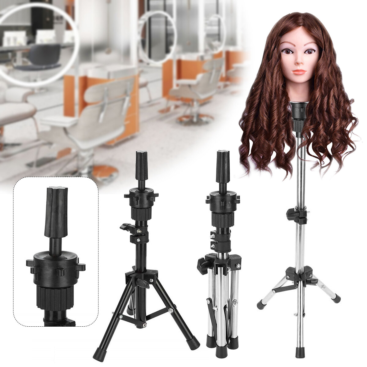64cm Height Adjustable Cosmetology Tripod Wig Stand Holder for Doll Head Hairdressing Training