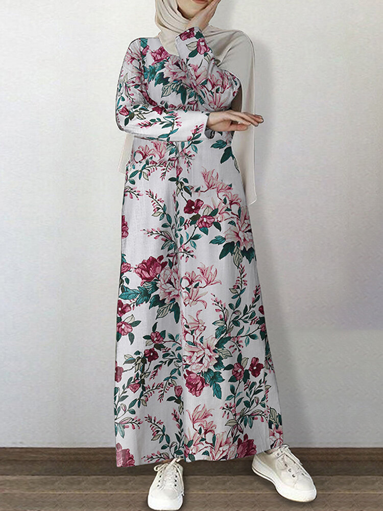 

Женщины 100% хлопок Винтаж Цветочный принт O-образным вырезом Кафтан Абая с длинным рукавом Платье с карманом