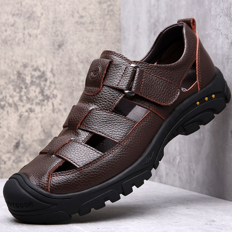 

Men Cowhide Leather Breathable Hollow Out Soft Bottom Non Slip Closed Toe Casual Sandals