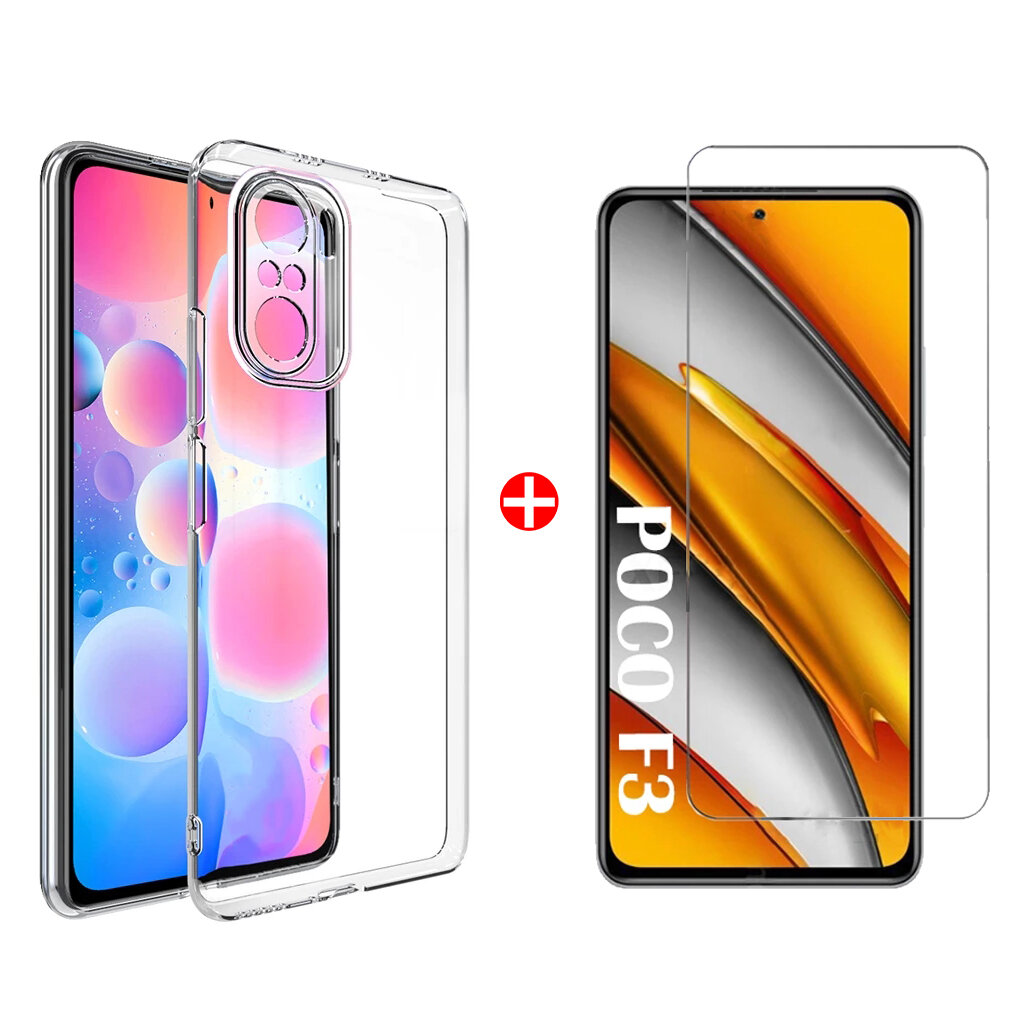 

Bakeey for POCO F3 Global Version Accessories Set Transparent Shockproof Non-Yellow Hard PC Protective Case + 9H Anti-Ex