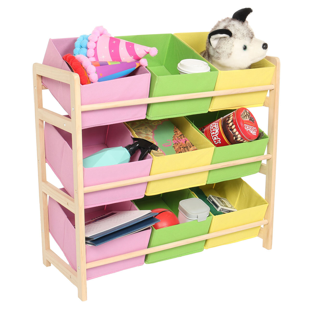 66 * 30 * 9 CM Geel Roze Groen Massief Houten Speelgoedrek voor kinderen Opbergrek Speelgoedrek