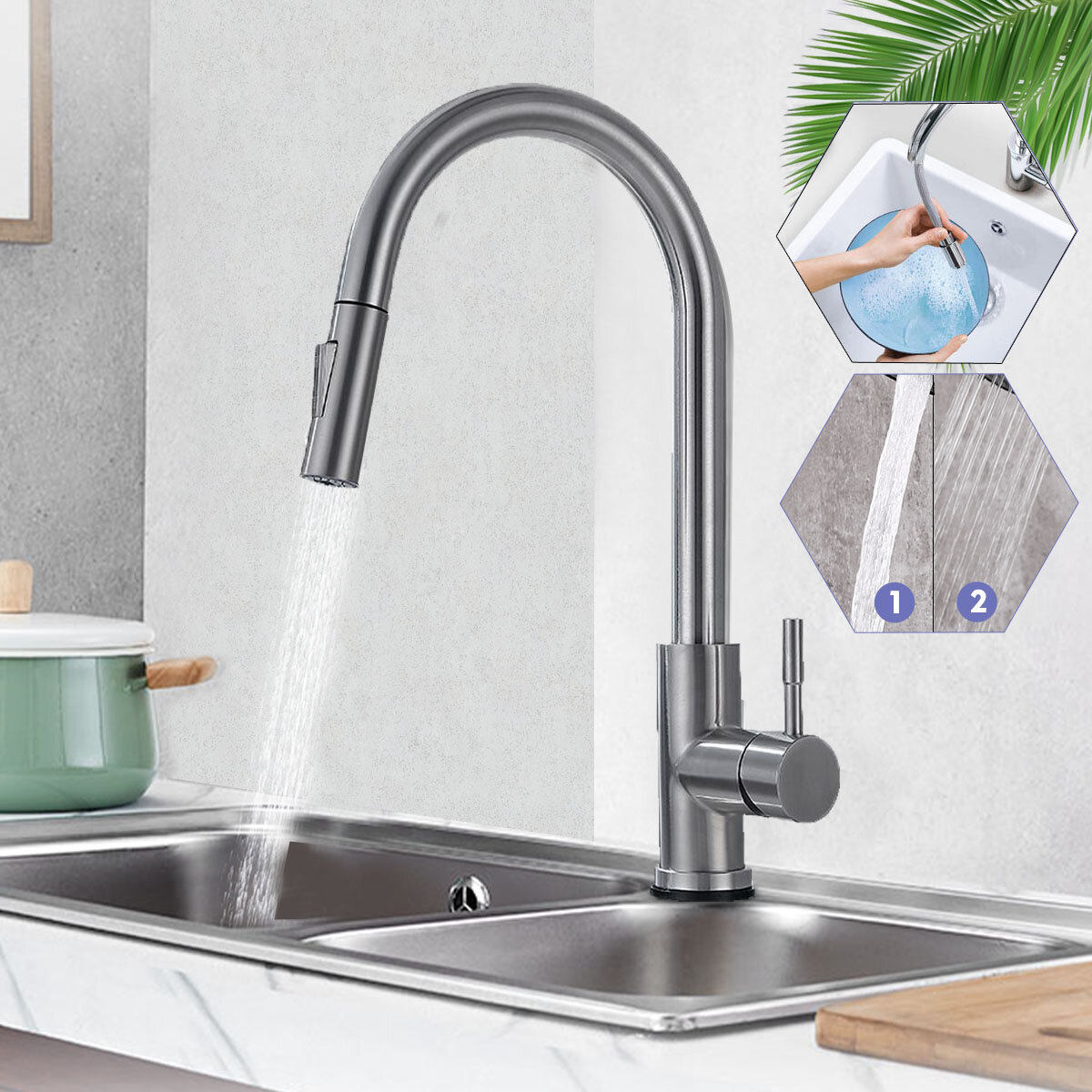 304 Stretching Faucet Double Inlet Pipe Two Outlet Methods Thin Head Silver