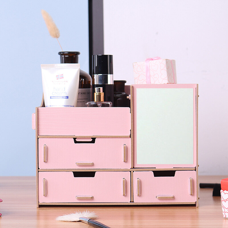 Mirror Dressing Box Storage Rack Makeup, Wooden Makeup Organizer With Mirror