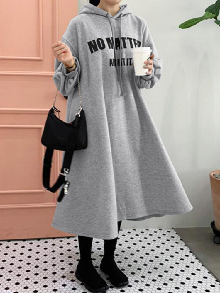 Women Casual Letter Print Loose Drawstring Long Sleeve Simple Hooded Sweatshirt Dresses