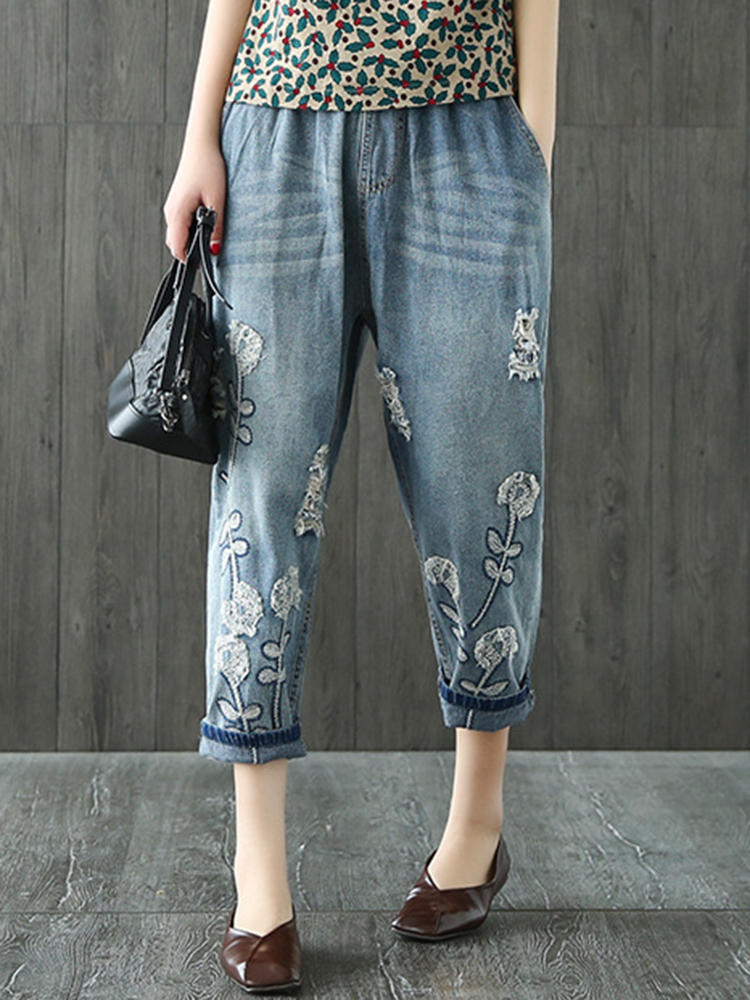 Vintage embroidery elastic waist pocket denim jeans Sale - Banggood.com ...
