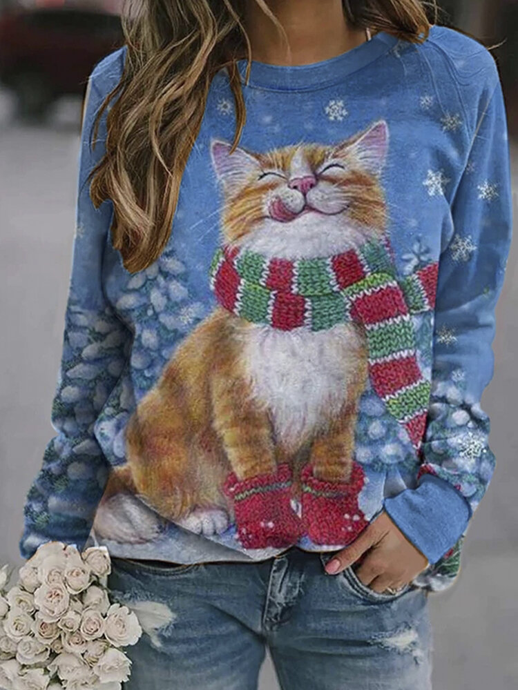 

Women Christmas Allover Cute Cat Printed O-Neck Long Sleeve Sweatshirts