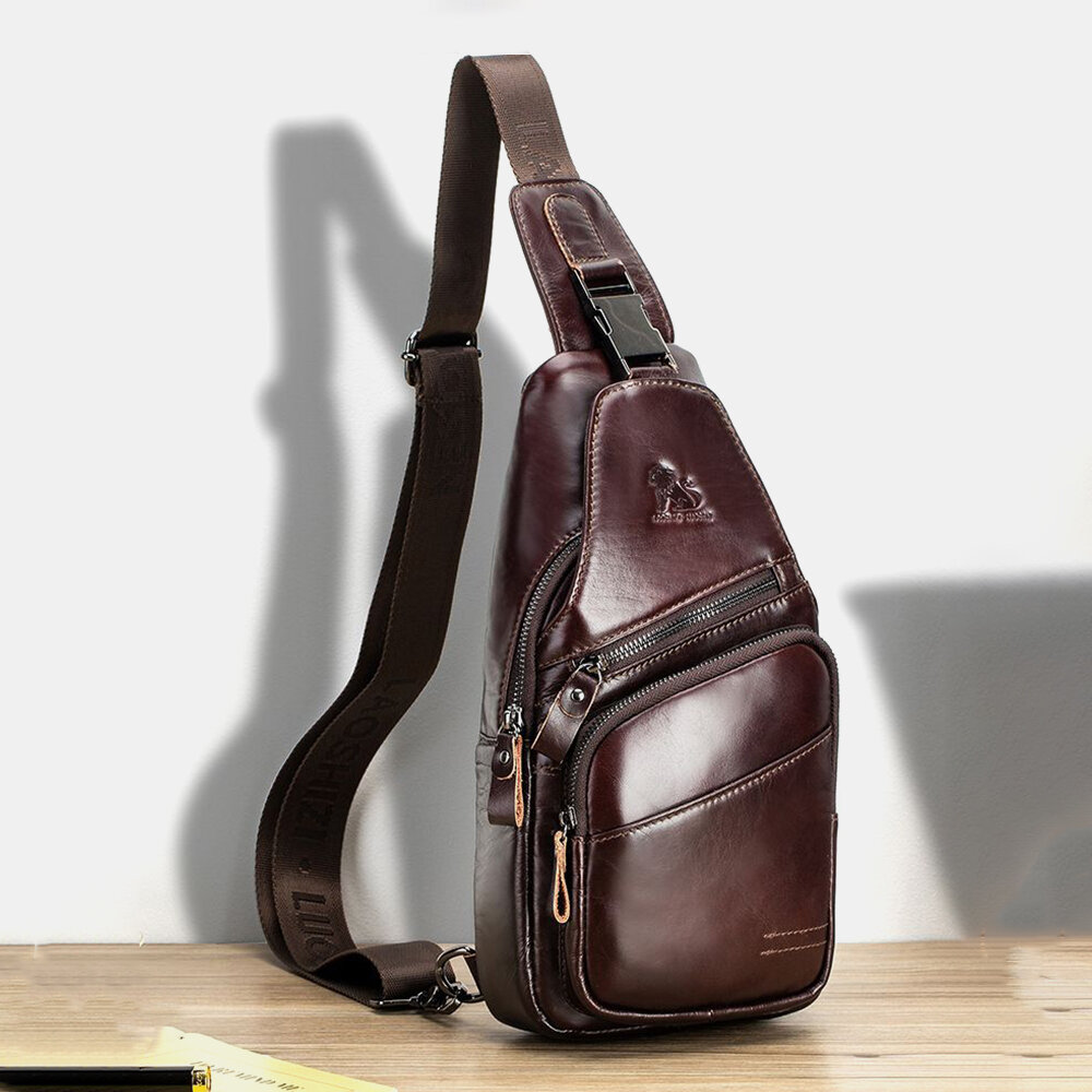 Men Genuine Leather Hasp Headphone Hole Large Capacity Vintage 6.5 Inch Phone Bag Chest Bag Crossbody Bag Shoulder Bag