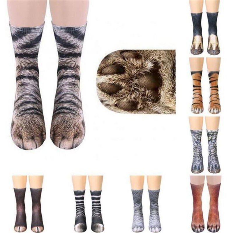Creative 3D Print Adult Animal Paw Sokken Unisex Crew Cat Long Tube Voorraden Elastisch Ademend Sokhond Tijger Zebra Varken Cat Paw