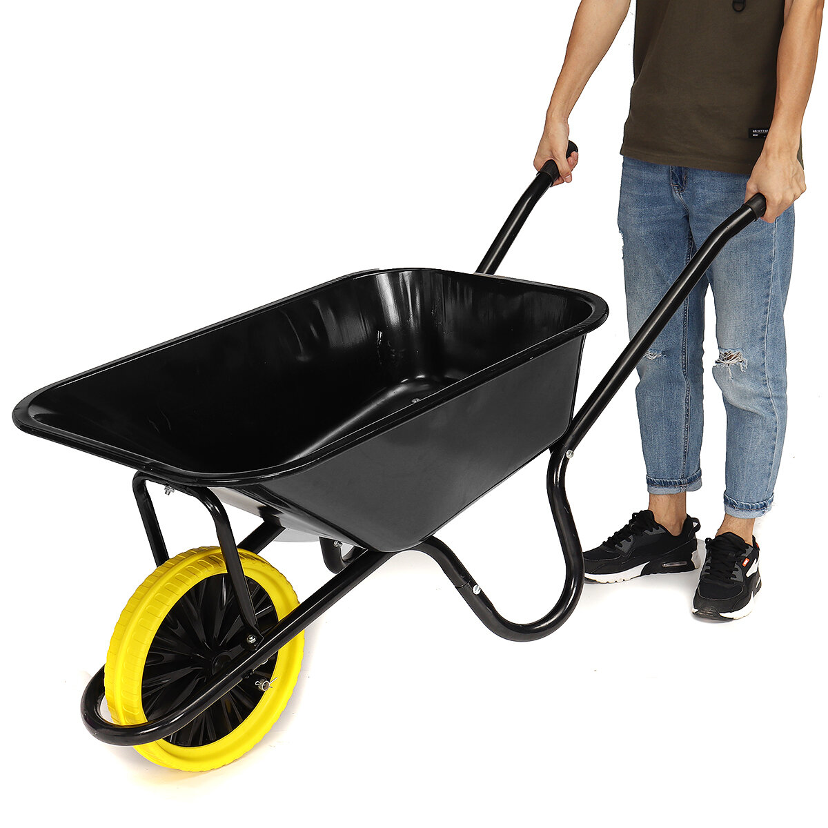 330Lb 85L Black Frame Trolley Cart Single Wheel Garden Wagon Utility Wheelbarrow Gifts For Gardener or Backyard Enthusiast