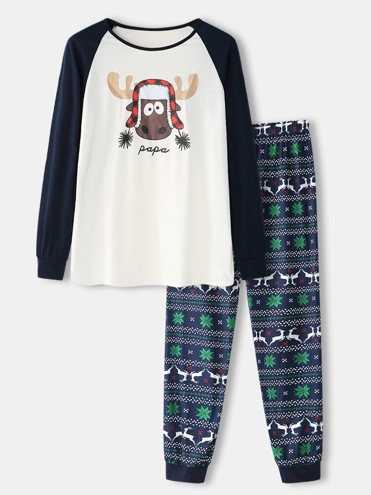

Mens Christmas Cartoon Elk Print Raglan Sleeve Long Sleeve Top Jogger Pants Home Pajamas