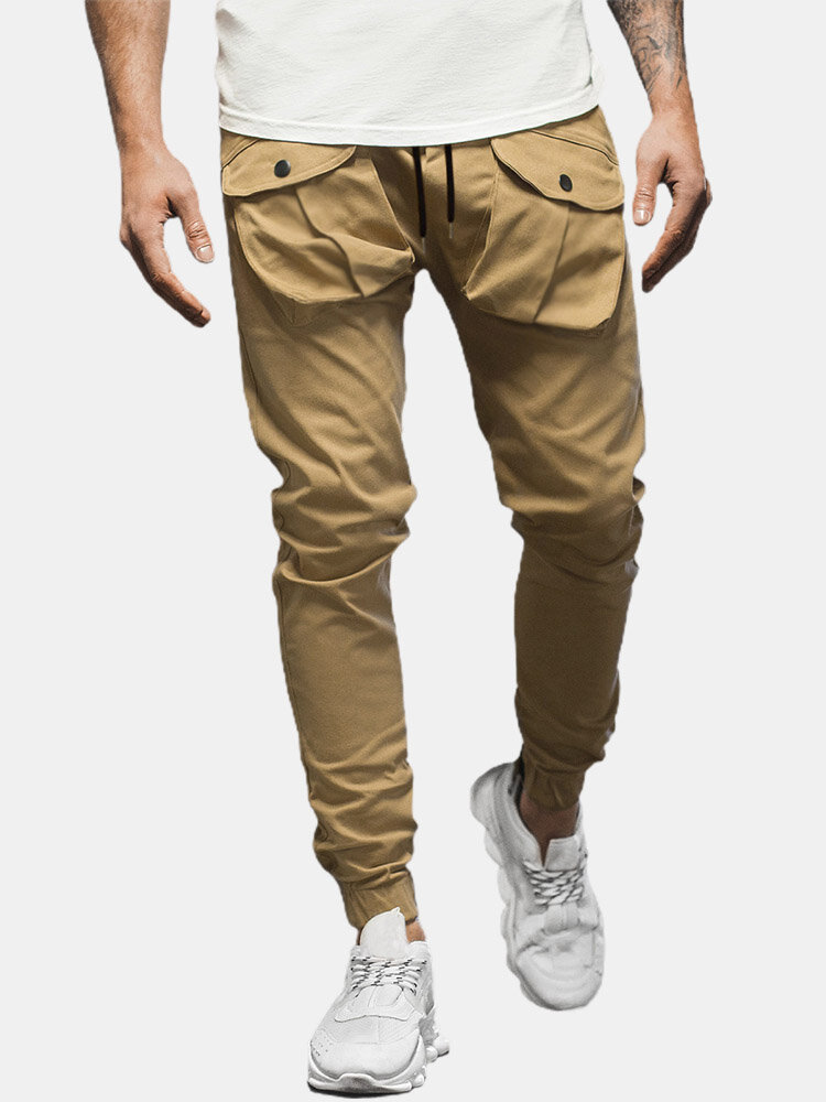 Men Solid Cargo Elastic Waist Ankle Length Casual Pockets Jogger Pants