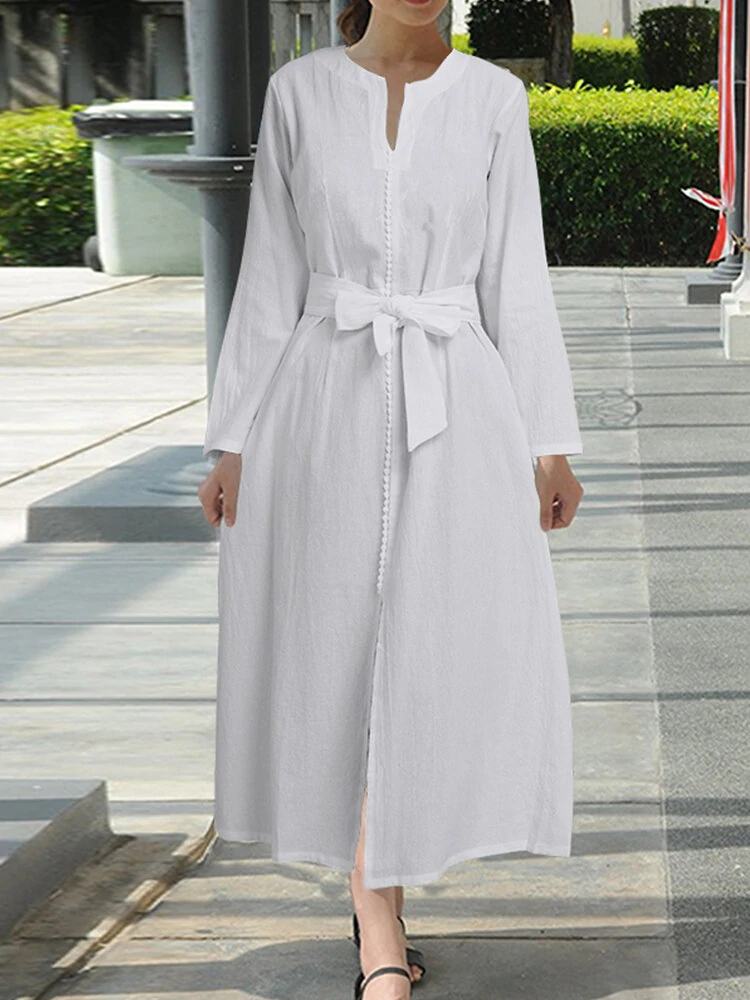 Women daily casual belted tie waist long sleeve solid cotton maxi dress